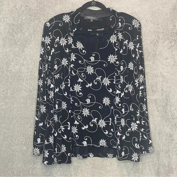 ONYX Nite 1X Top Shirt Black Floral Layered Long Sleeve Formal Velour Glitter - Picture 1 of 13